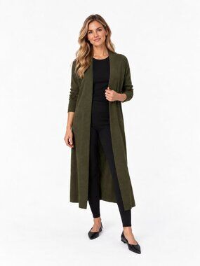 Vintage Eileen Fisher Olive Green 100% Wool Long Duster Cardigan Size XS